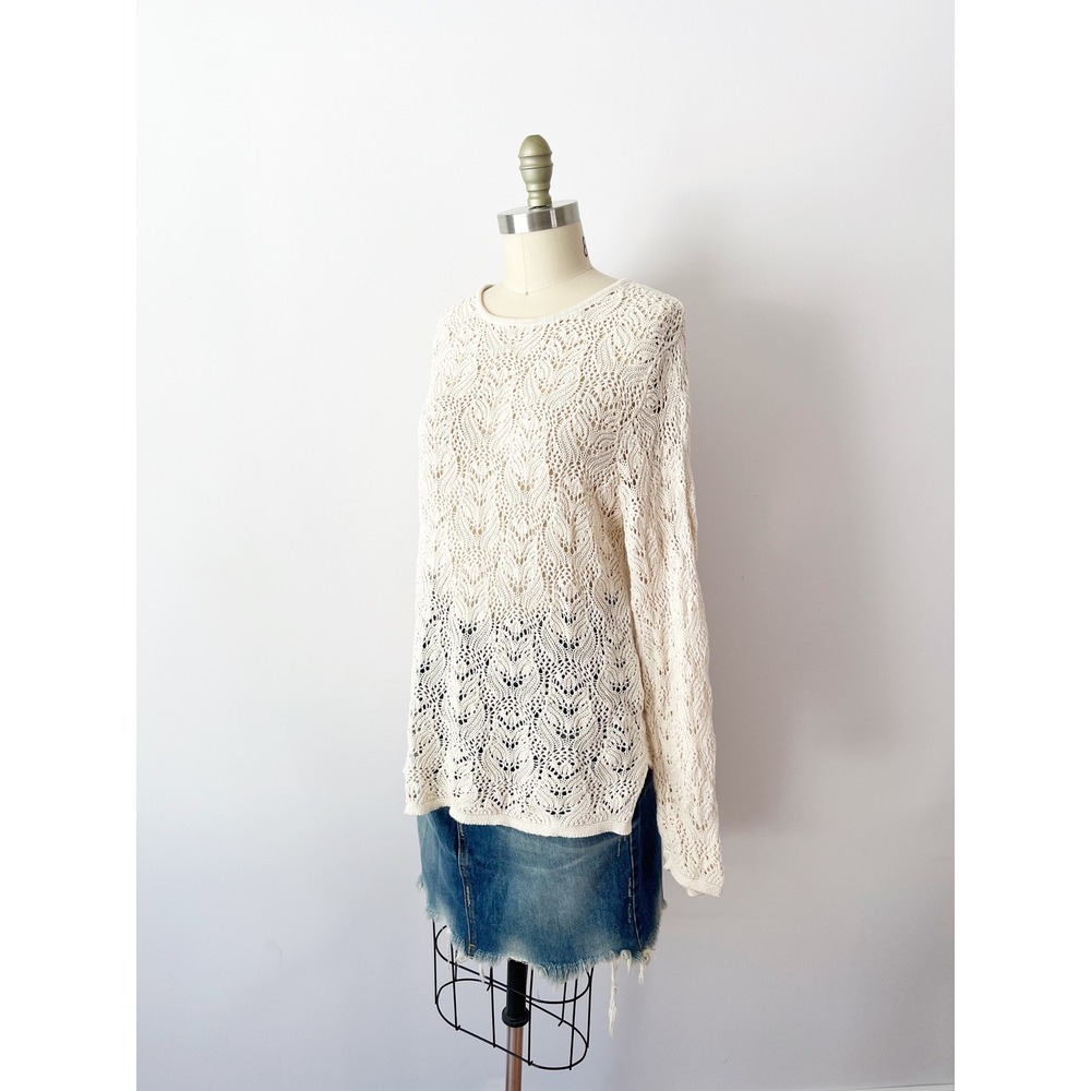 Cream 100% Cotton Sweater Crochet Open Knit Leaf Pattern Long Length Y2K XL - Picture 6 of 8